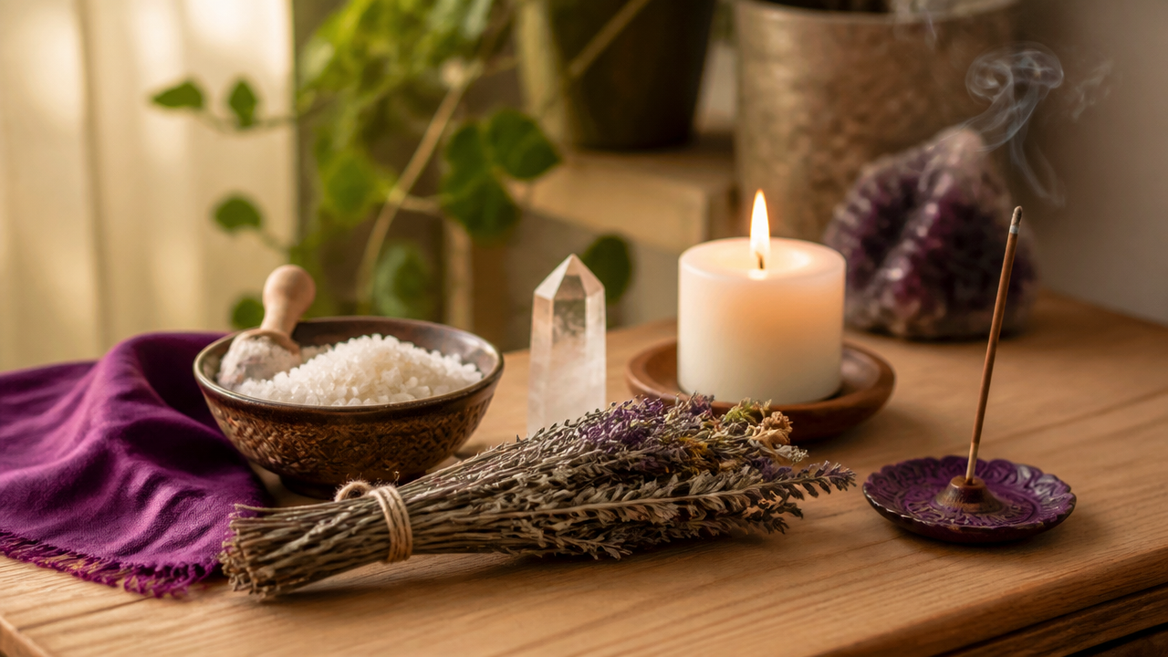 Altar simples com sal grosso, ervas, vela branca e cristal para limpeza energética da casa