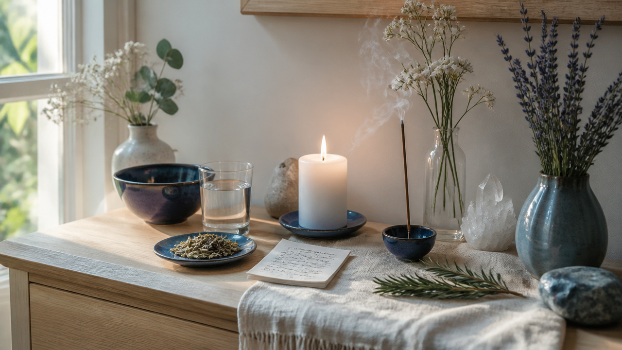 Altar simples com vela, água e ervas para um ritual de harmonia familiar