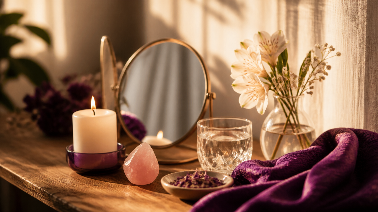 Altar simples com vela branca, espelho e quartzo rosa para ritual de amor-próprio