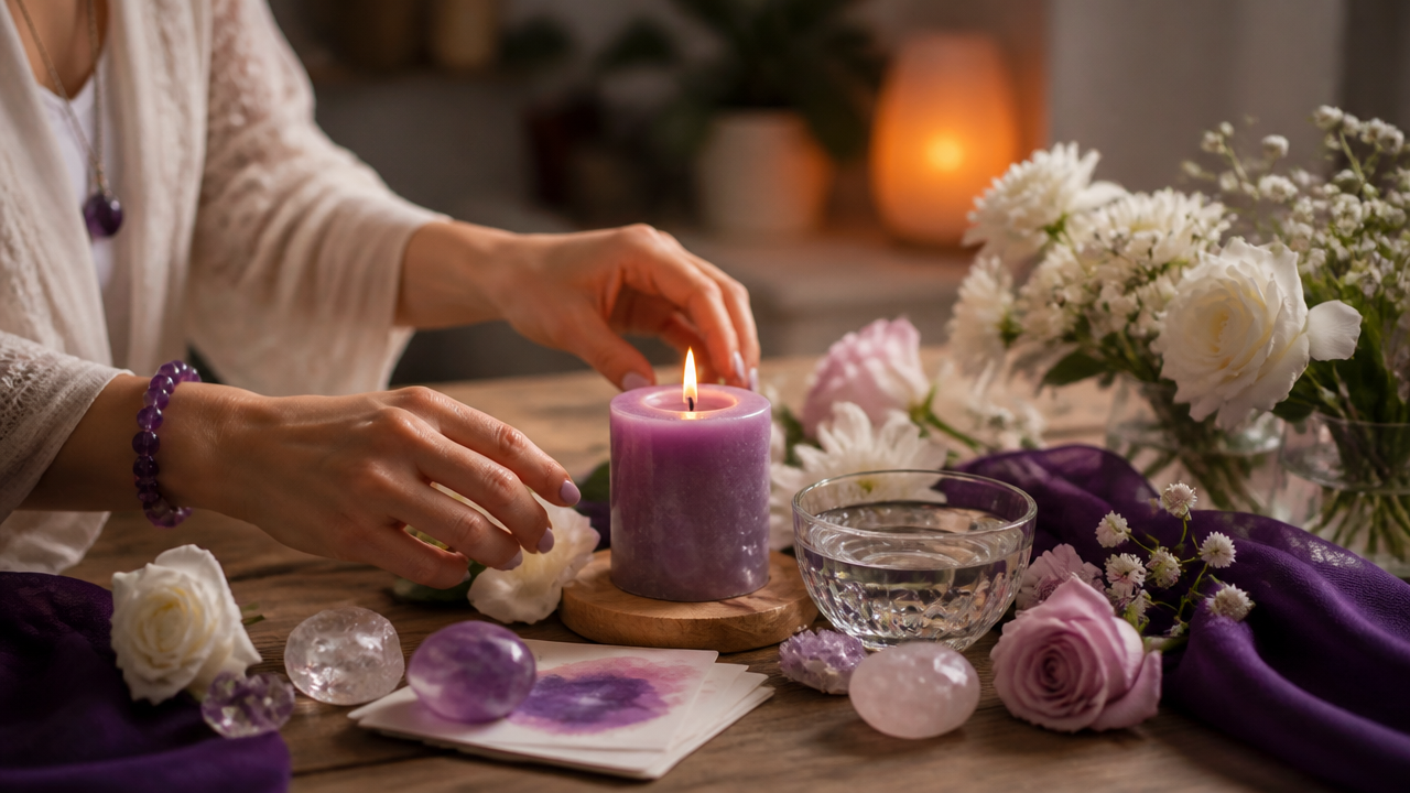 Altar simples de gratidão com vela, flores, água e cristais em encontro feminino