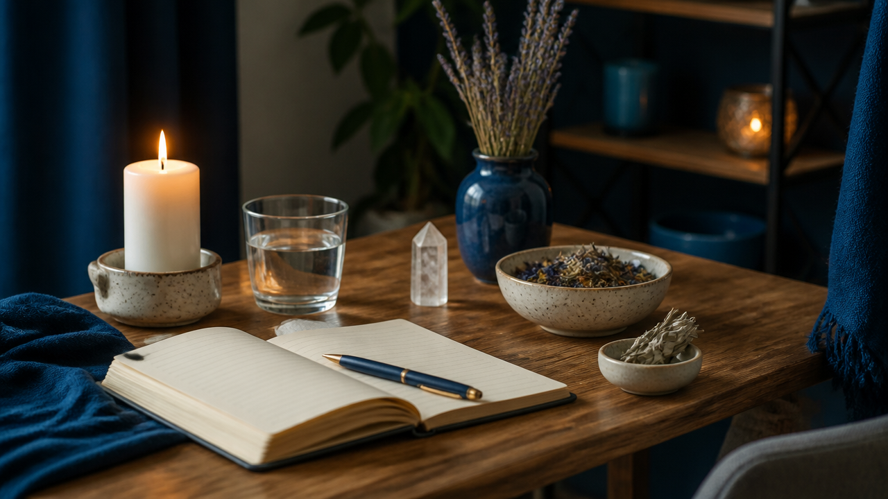 Altar simples para ritual de lua nova com vela, água, caderno e cristais