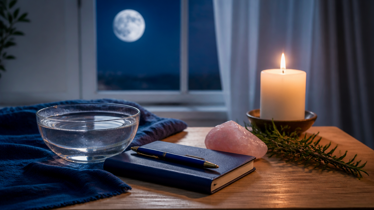 Altar simples para ritual lunar com vela, água, diário e quartzo rosa
