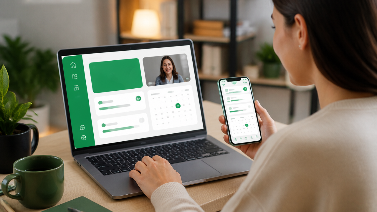 Aluna acessando uma área do aluno personalizada em notebook e celular