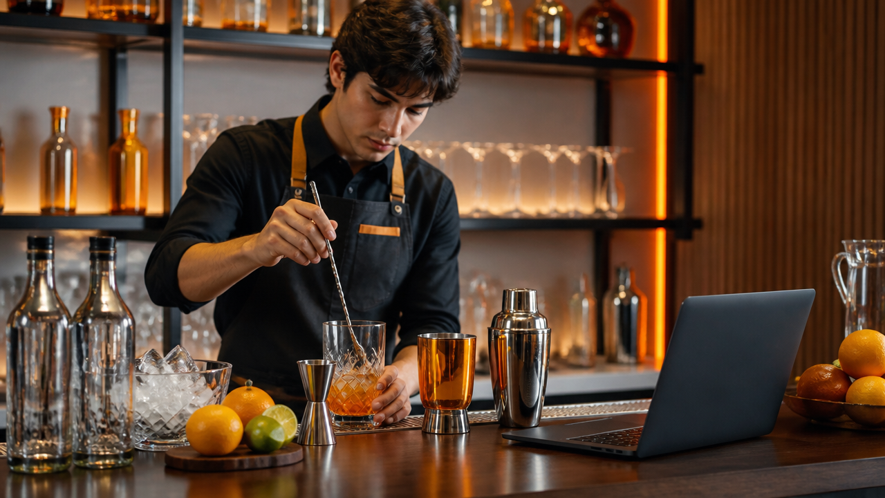 Aluno praticando técnicas de bartender com notebook e utensílios de bar em bancada profissional
