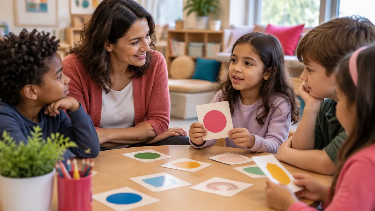 Alunos escolhem fichas de cores para identificar emoções durante uma atividade guiada pela professora