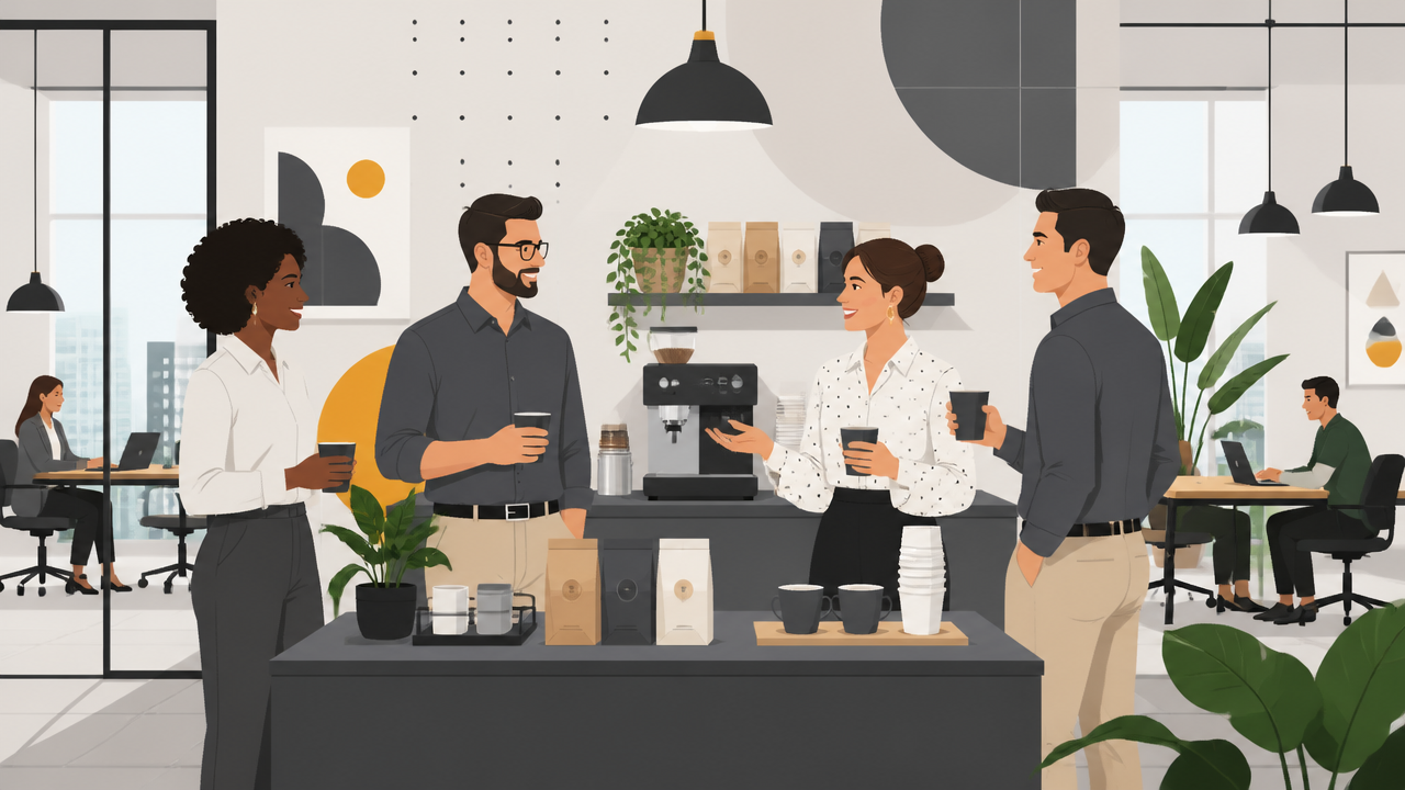 Ambiente corporativo com estação de café especial e equipe em pausa produtiva no escritório