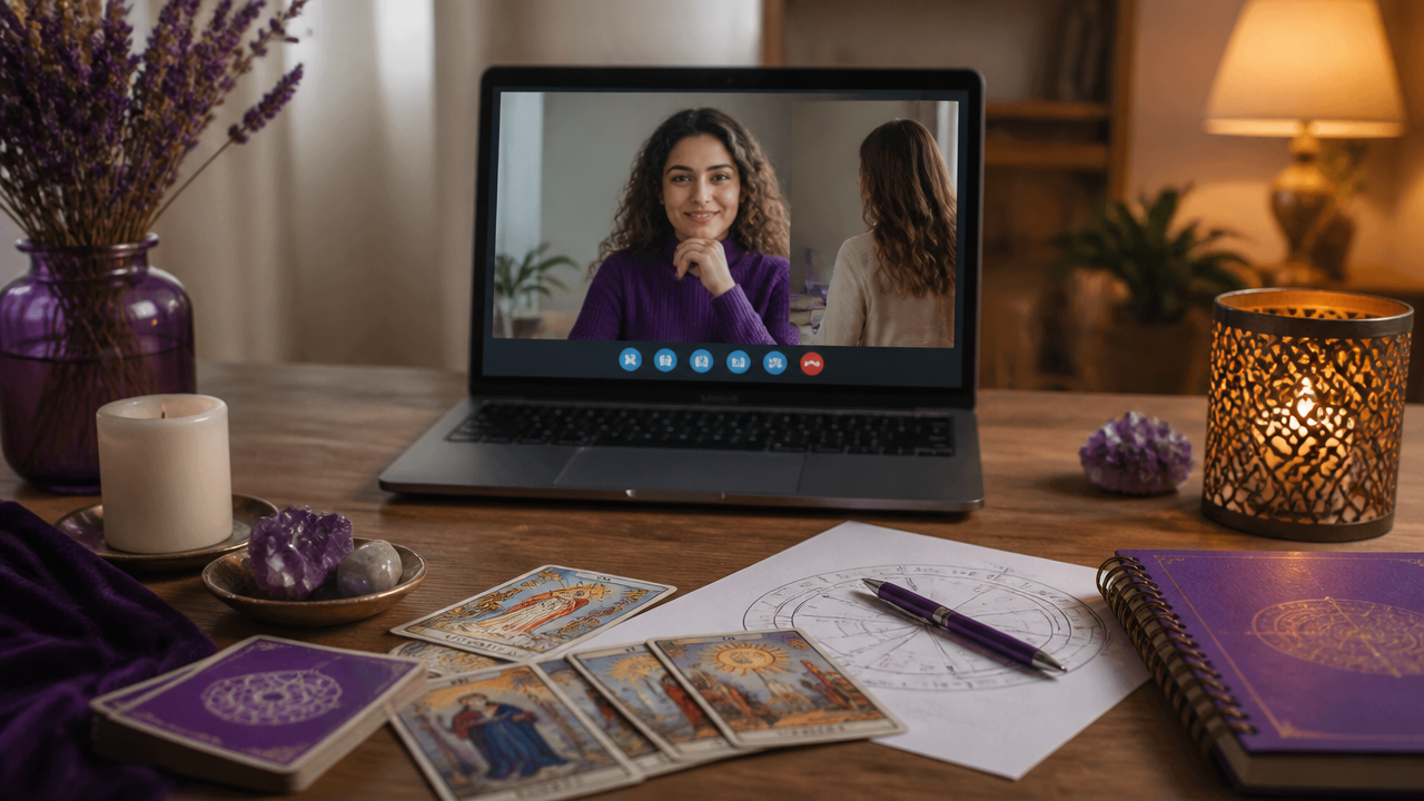Ambiente de consulta espiritual online com notebook, cartas de tarot e mapa astral sobre a mesa