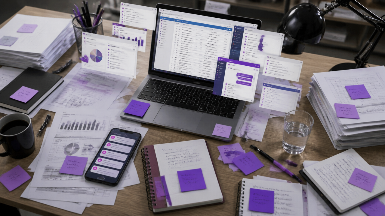 Ambiente de trabalho com informações dispersas entre planilhas, mensagens e documentos