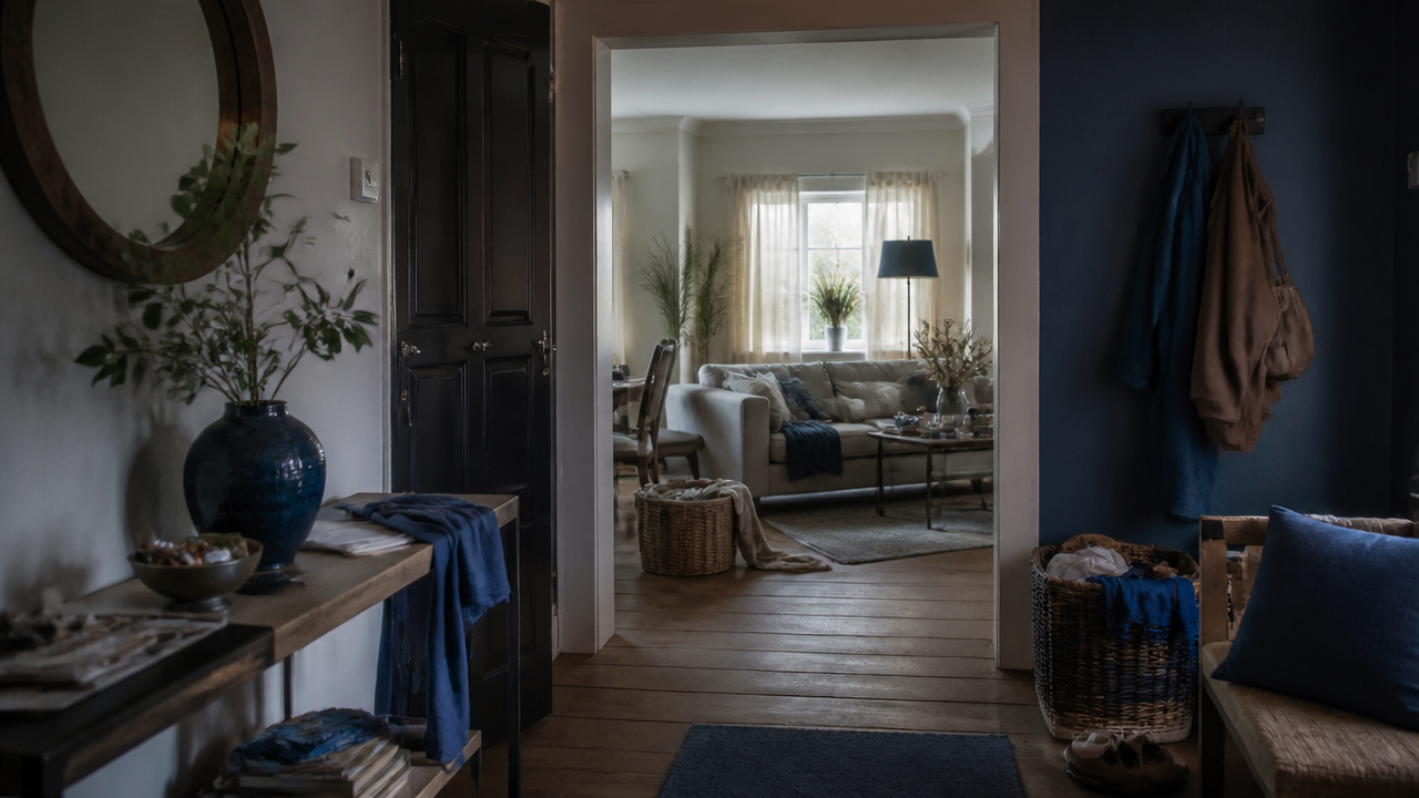Ambiente doméstico com acúmulo leve de objetos e iluminação desigual, sugerindo necessidade de renovação energética.