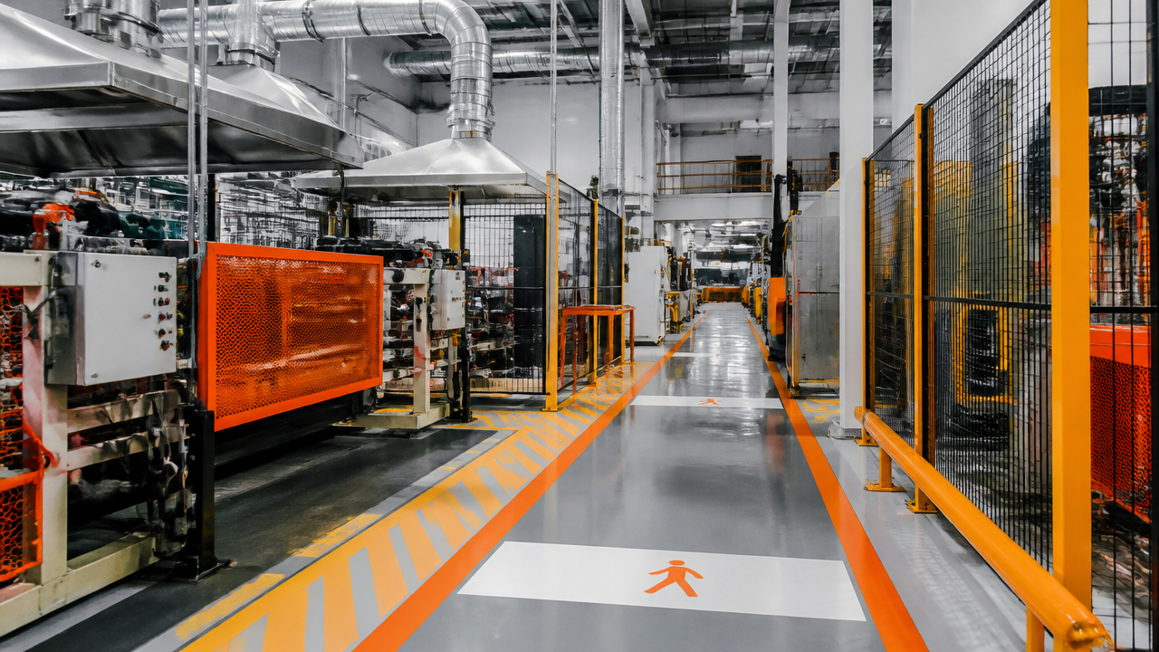 Ambiente industrial com barreiras físicas em máquina, exaustão local e demarcação de piso
