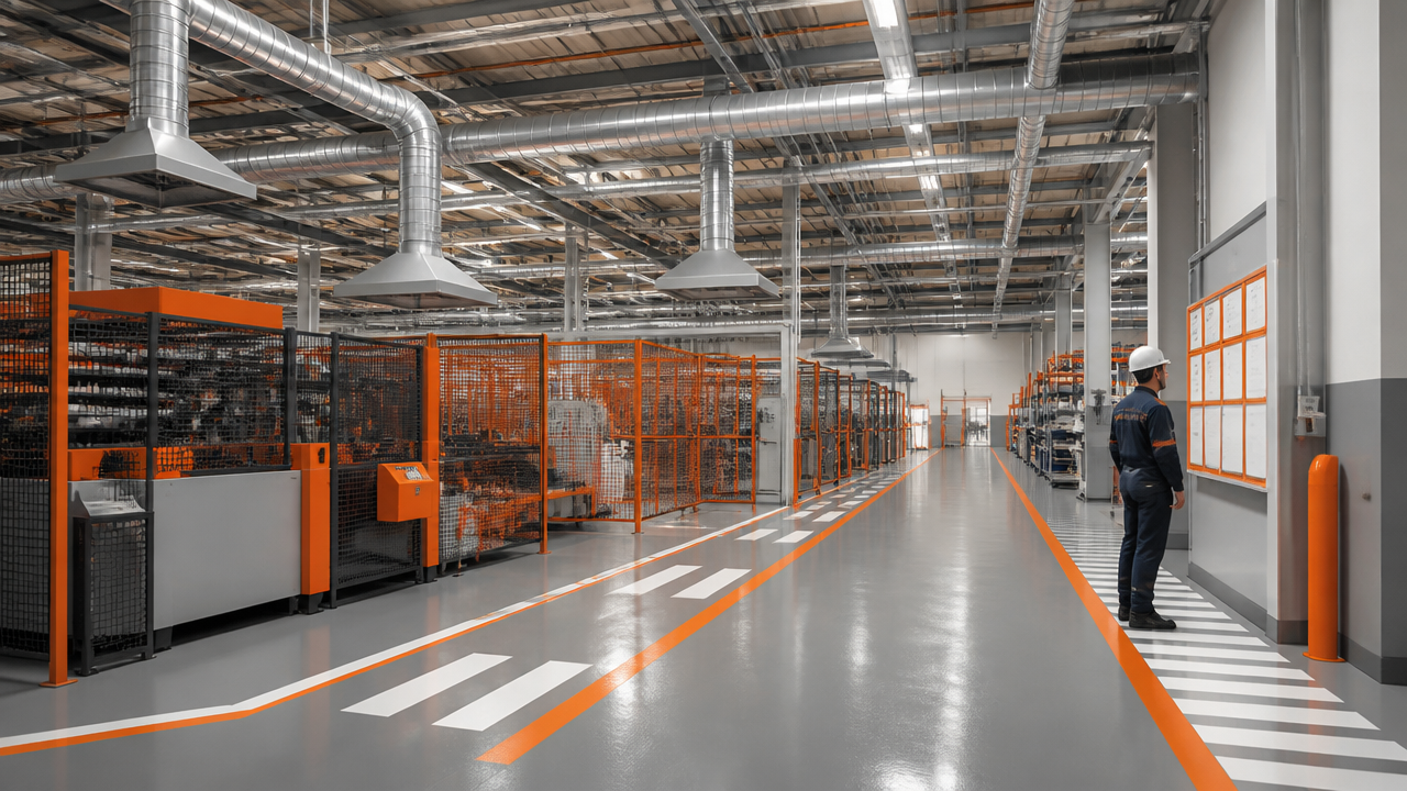 Ambiente industrial com ventilação, proteção de máquinas e sinalização coletiva.