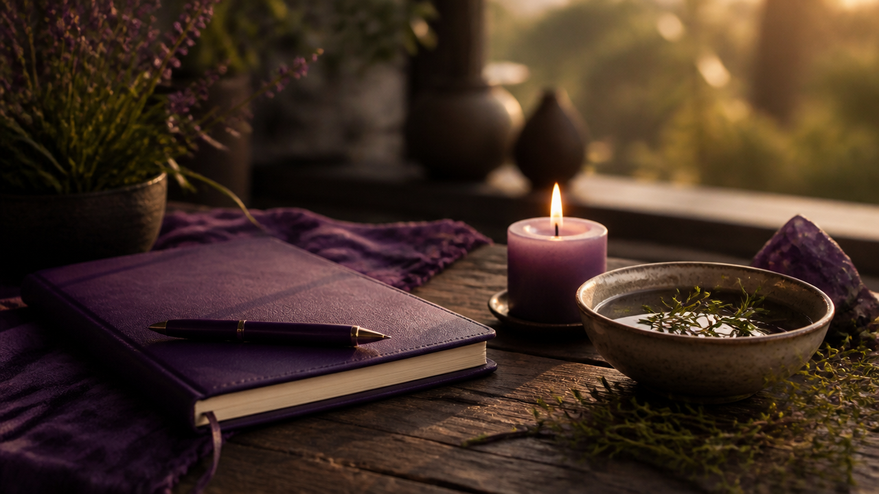 Ambiente tranquilo com caderno, vela e ervas, sugerindo limpeza energética e reflexão espiritual