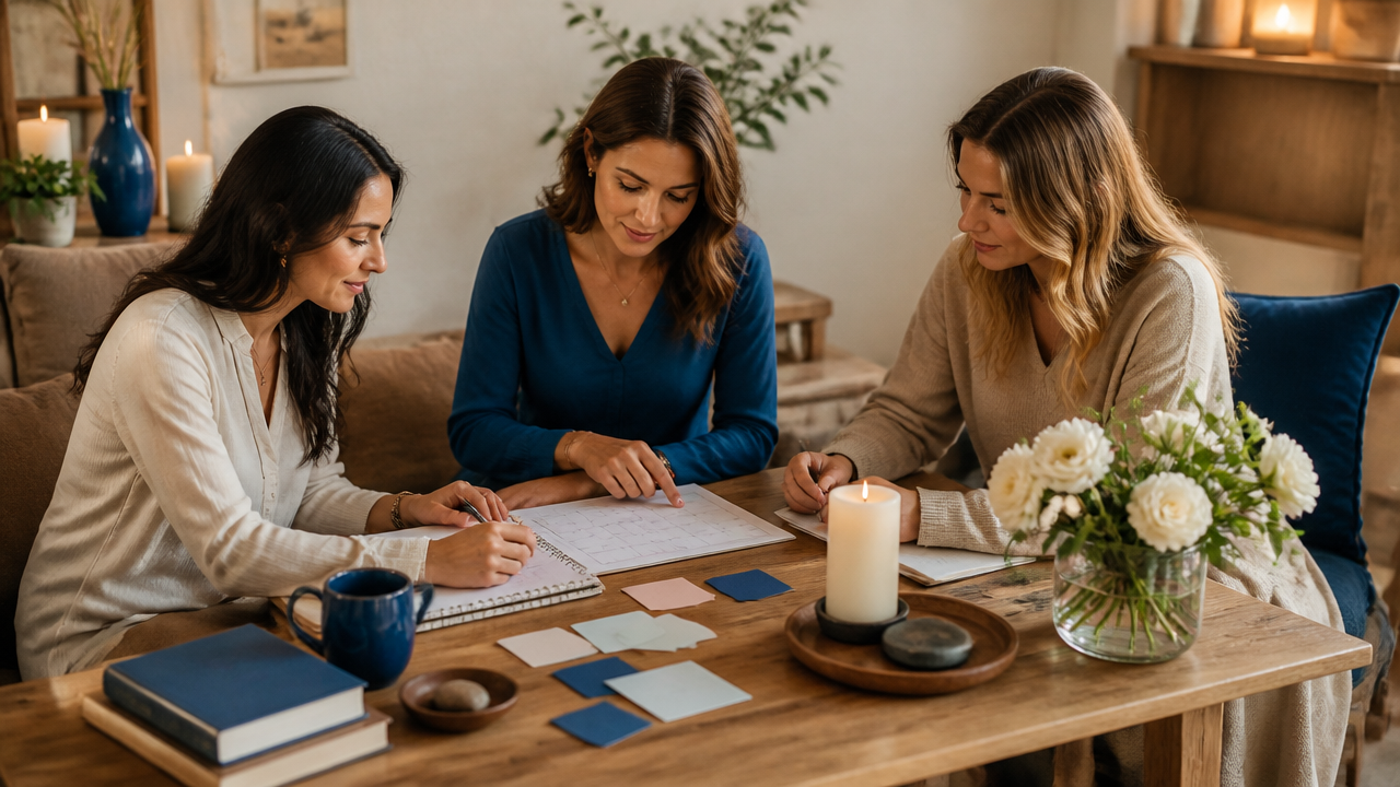 Amigas planejando um encontro em volta de uma mesa com agenda, bilhetes e clima harmonioso.