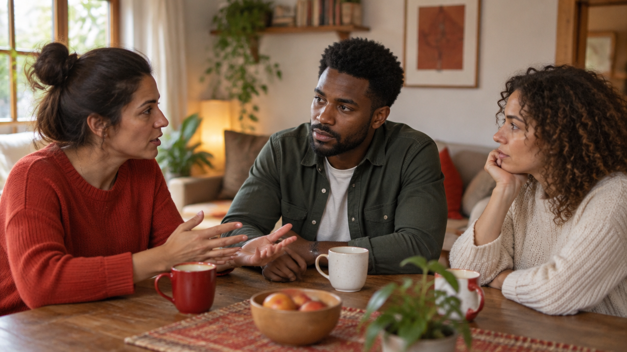 Amigos conversam diretamente à mesa para esclarecer uma tensão no relacionamento