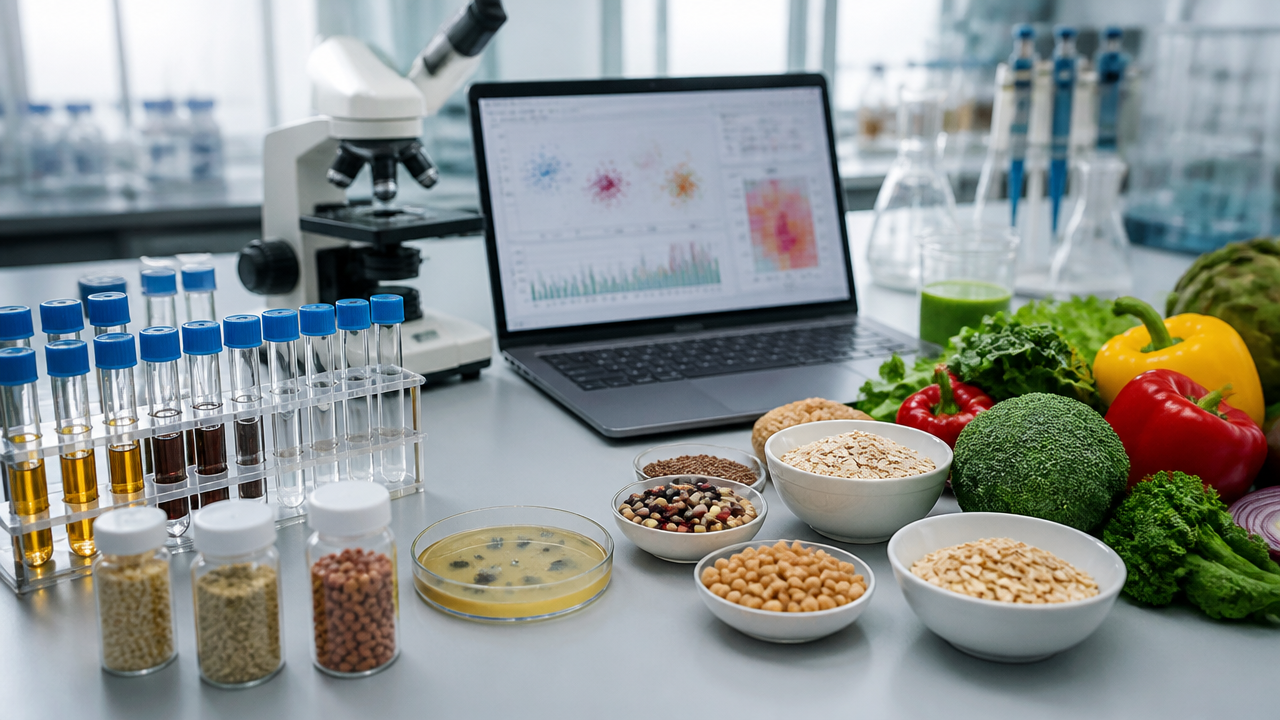 Amostras laboratoriais e alimentos ricos em fibras ao lado de gráficos clínicos em ambiente de pesquisa nutricional