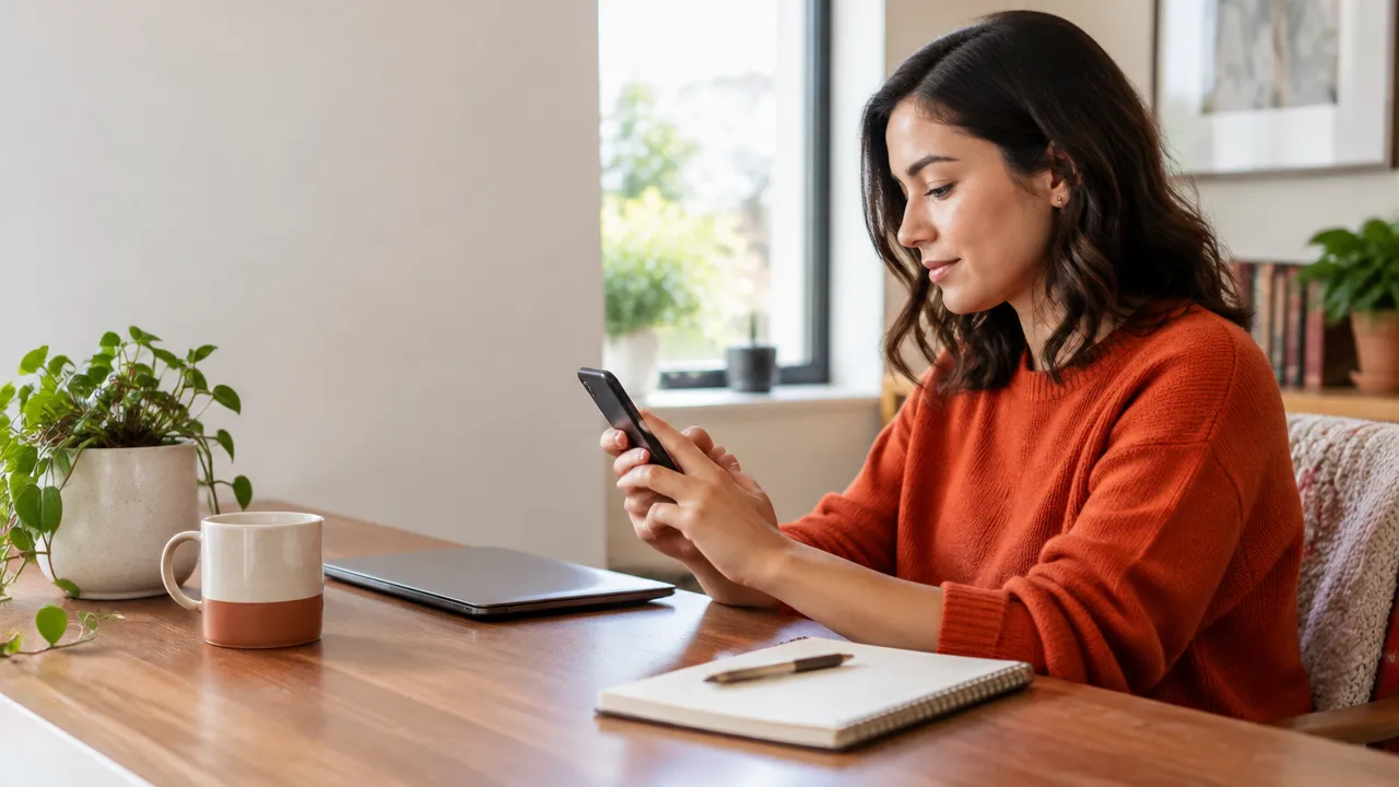 An adult calmly reviews privacy settings on a phone at a quiet workspace, illustrating intentional boundaries online.