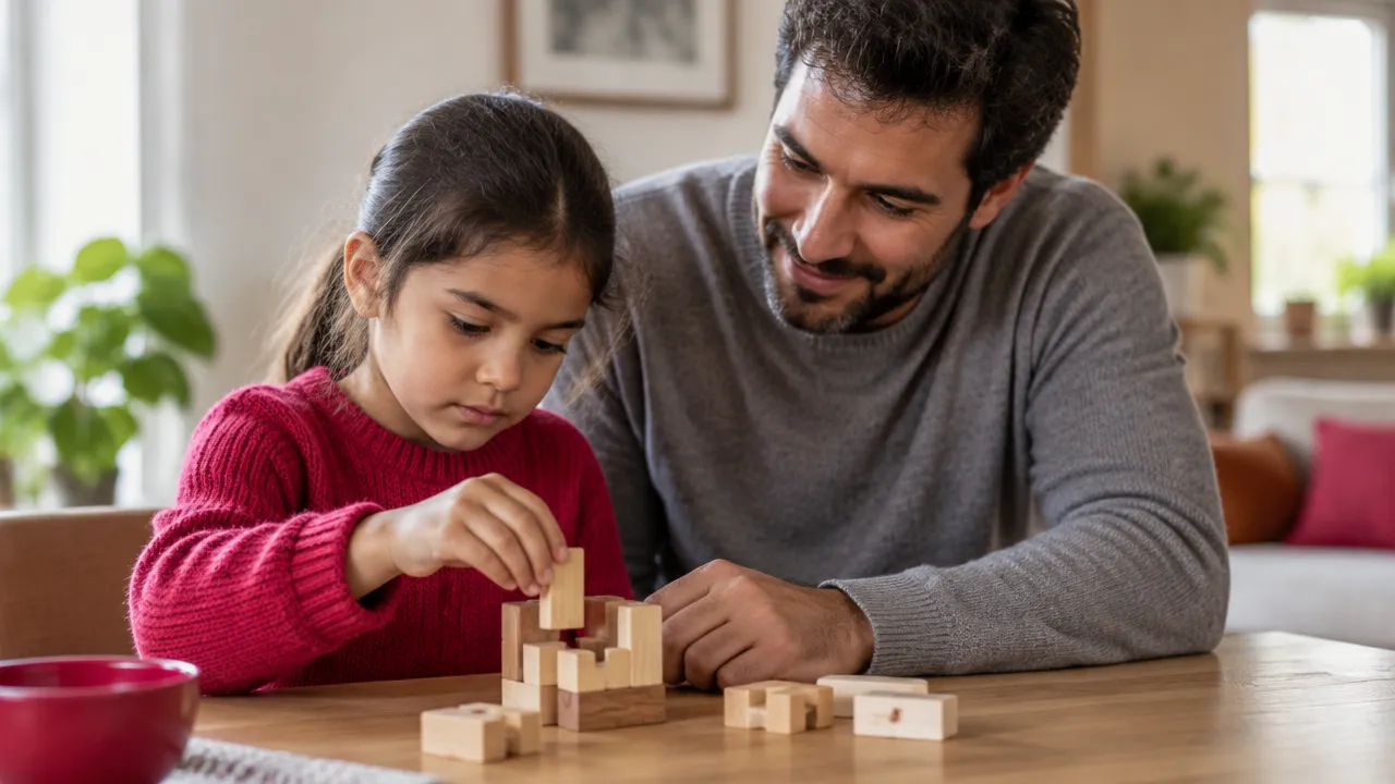 An adult calmly supports a child solving a puzzle, showing learning and development in a relationship.