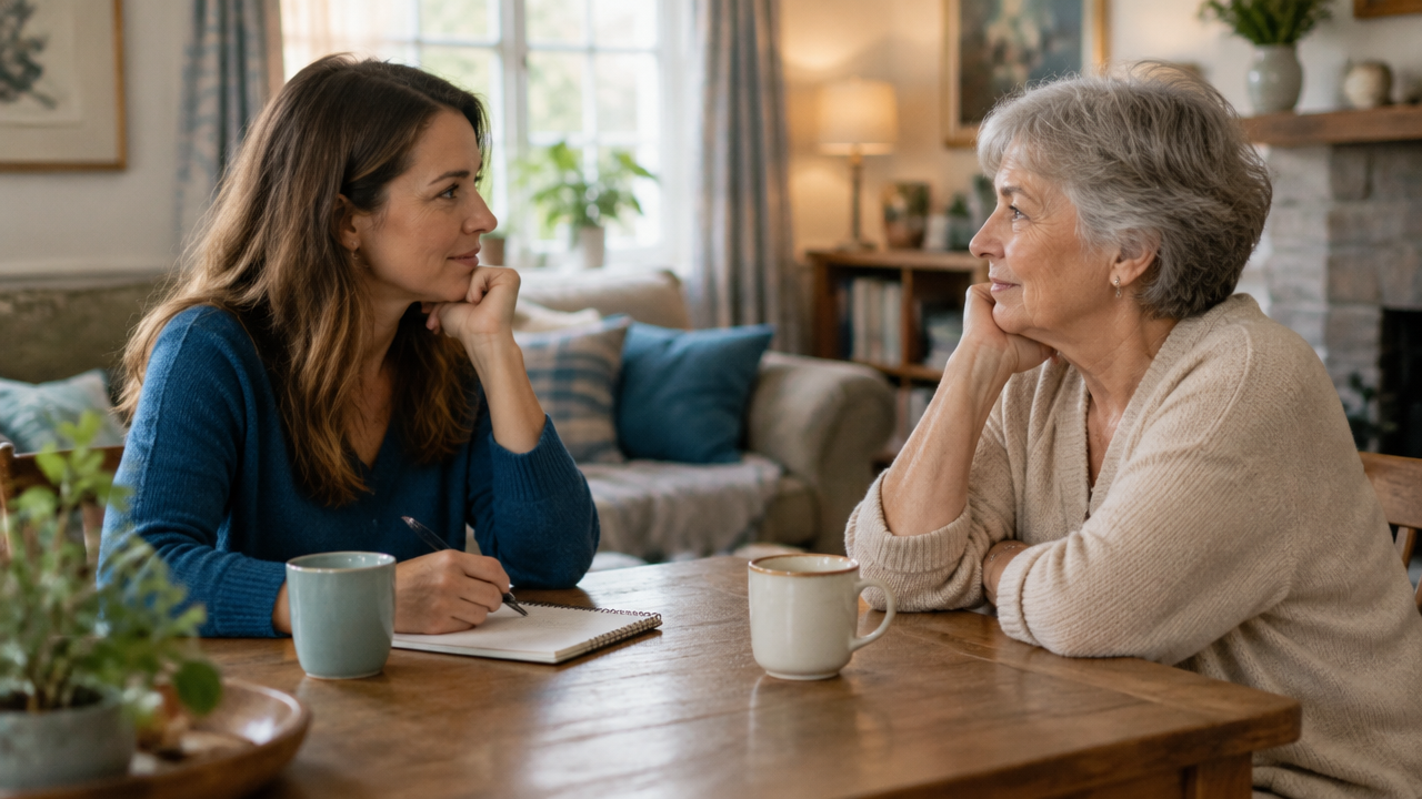 An adult child and parent share a thoughtful conversation at home, illustrating a careful step toward changing inherited family patterns.