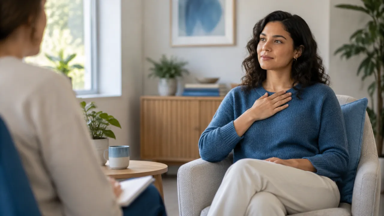 An adult client calmly noticing body sensations during a somatic therapy session