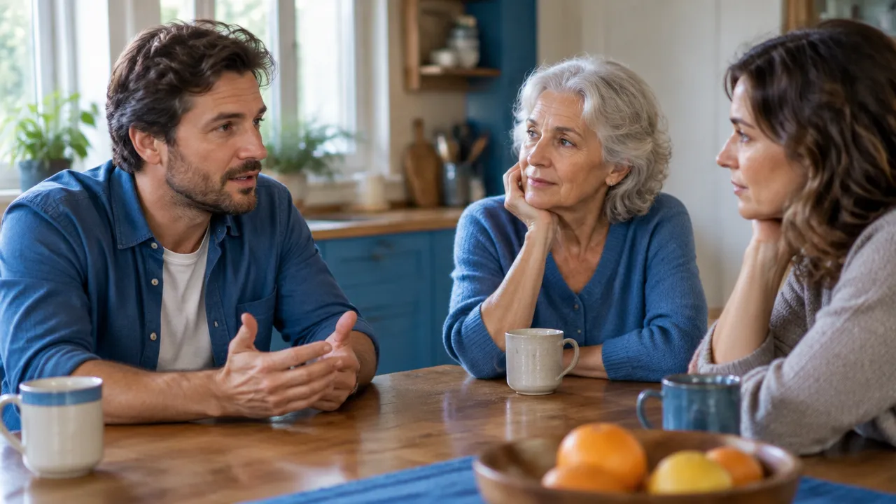 An adult family member speaking thoughtfully at a kitchen table as relatives listen, illustrating a shift toward healthier family communication.