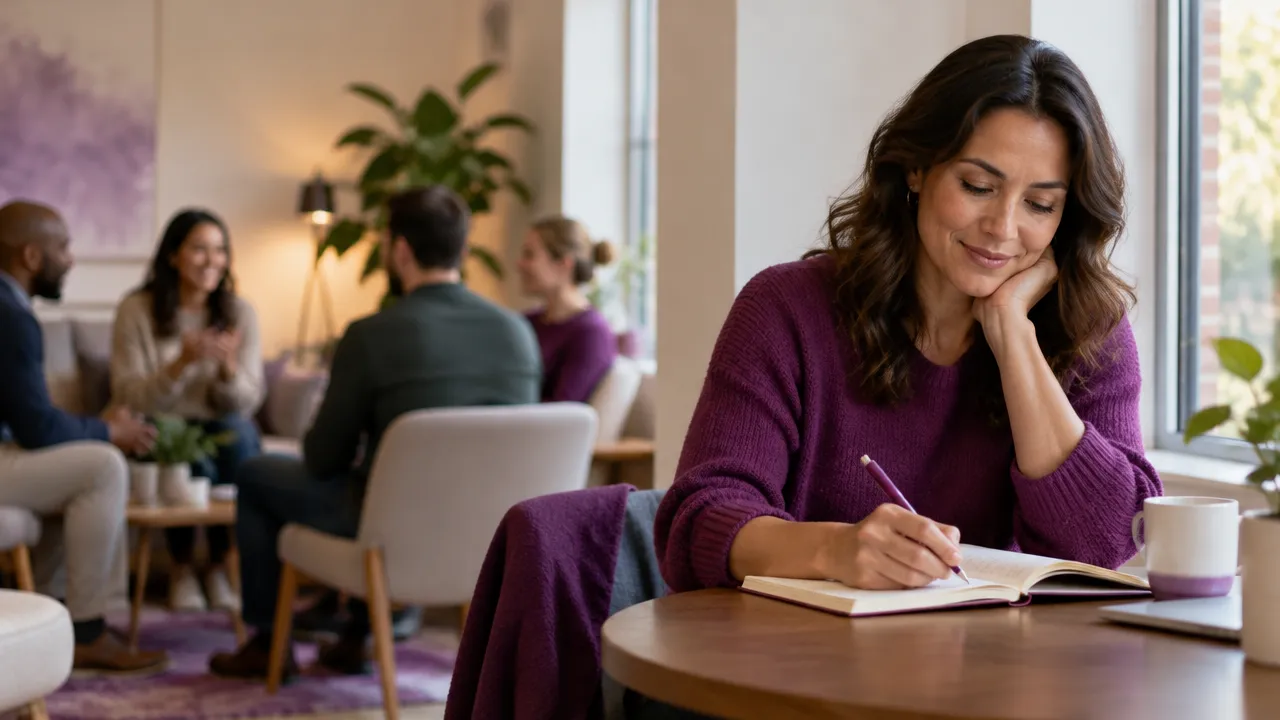 An adult journaling after a group conversation while remaining connected to others in the background.