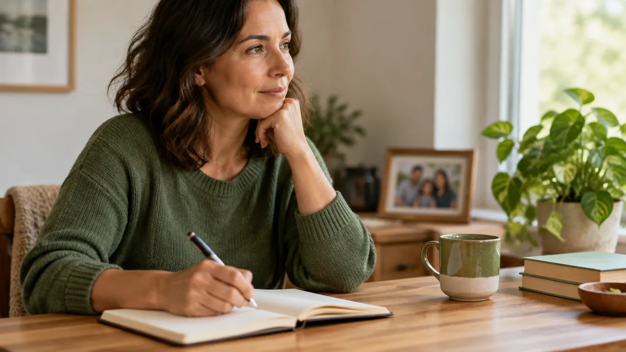 An adult journaling beside a family photograph while reflecting on inherited family roles and new choices.