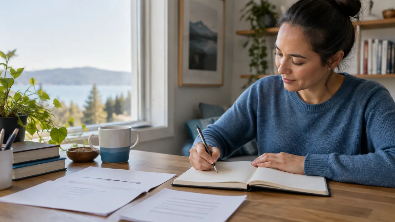 An adult journaling beside a window while reflecting on a personal life transition