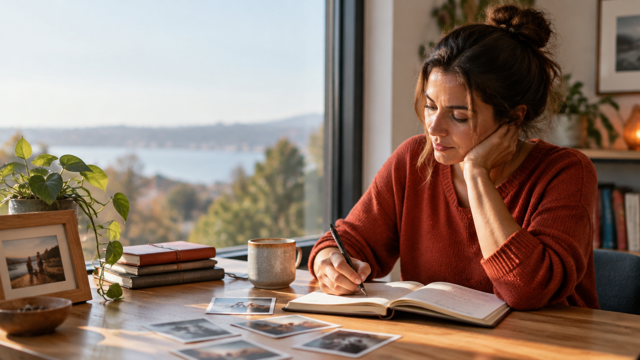 An adult journaling beside old photographs, reflecting on how past experiences connect with personal change.