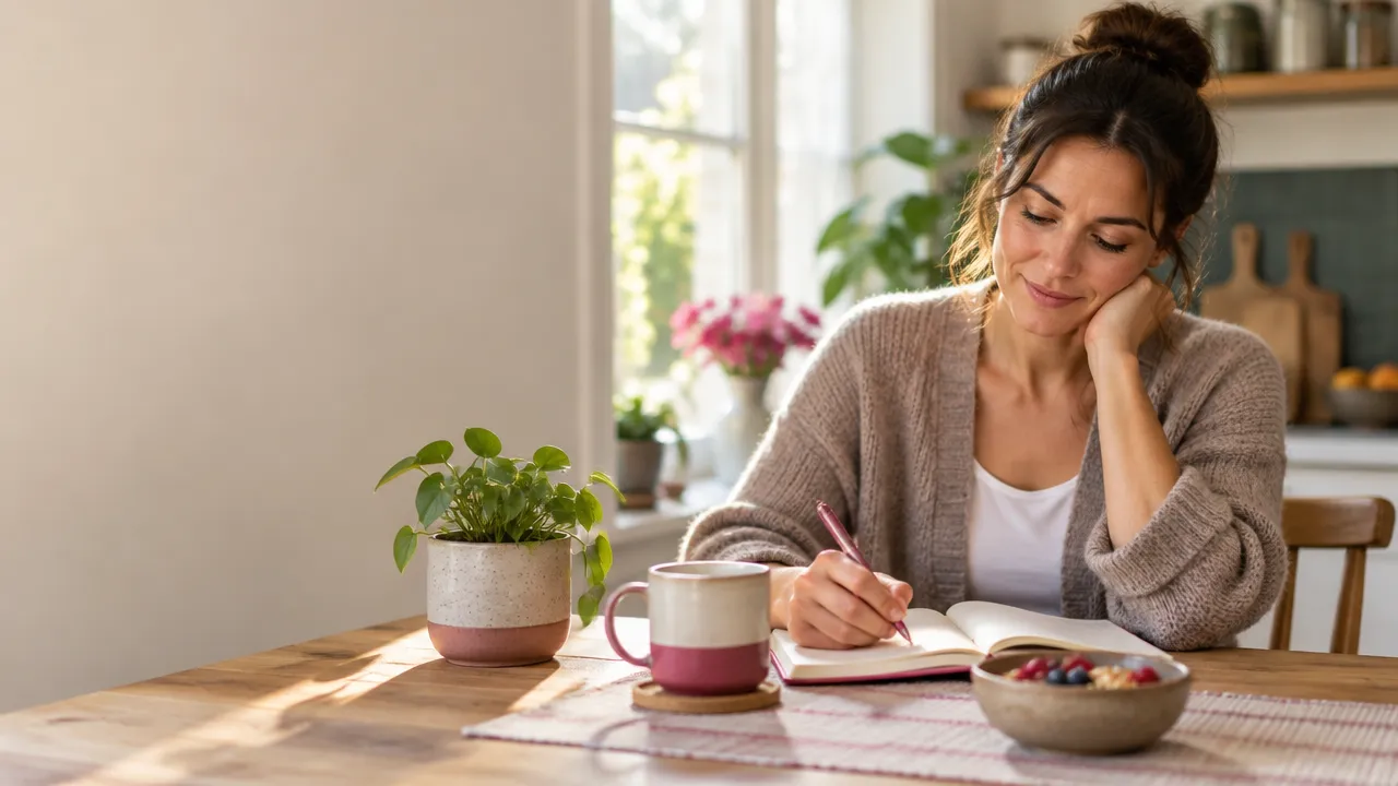 An adult journaling by a sunny kitchen window as a practical daily well-being reflection