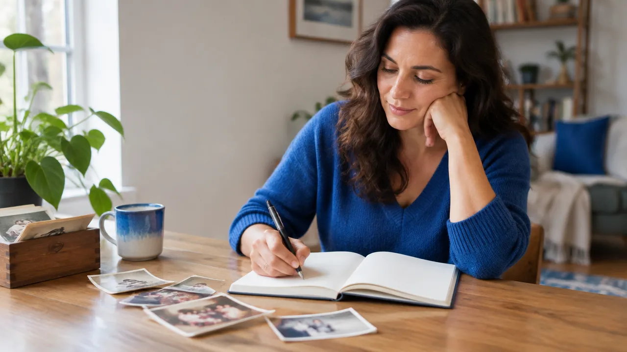An adult journals beside old family photographs while reflecting on inherited beliefs