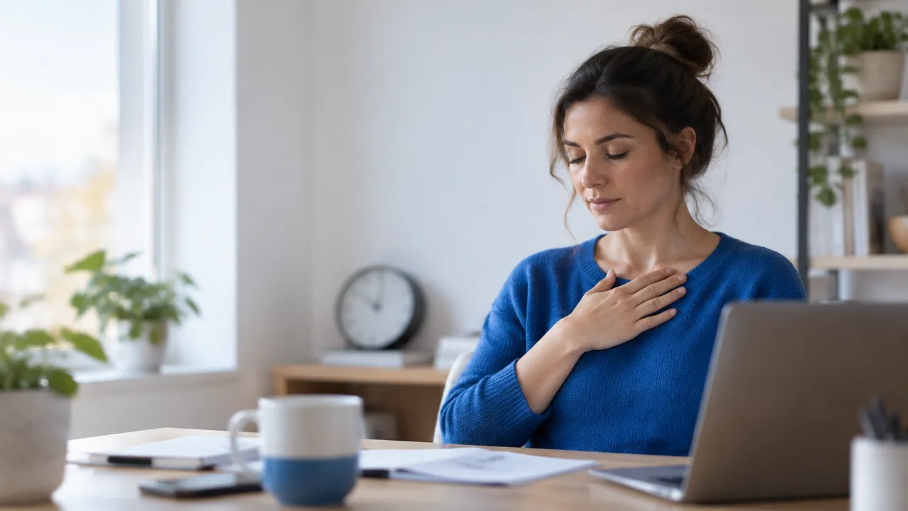 An adult pauses at a home workspace amid a busy schedule, noticing their breath and returning attention to the present.