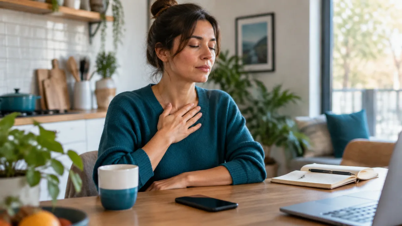 An adult pauses to breathe and notice their emotions before replying to a stressful message