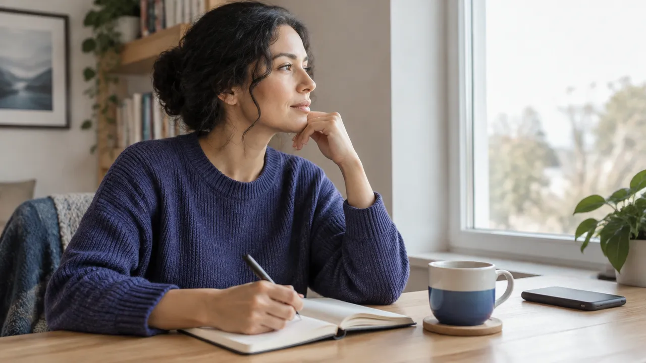 An adult pauses to reflect and practice emotion regulation skills by writing in a notebook