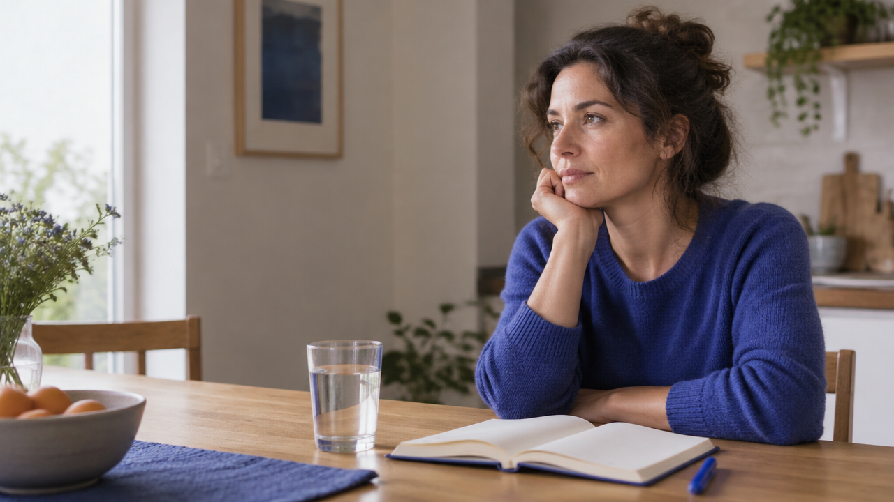 An adult pauses to reflect at a table after a difficult conversation, with an open notebook nearby.