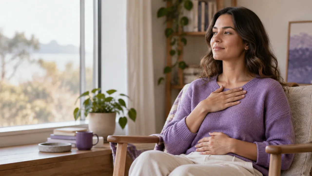 An adult pauses with a hand on their chest to notice bodily sensations and emotions