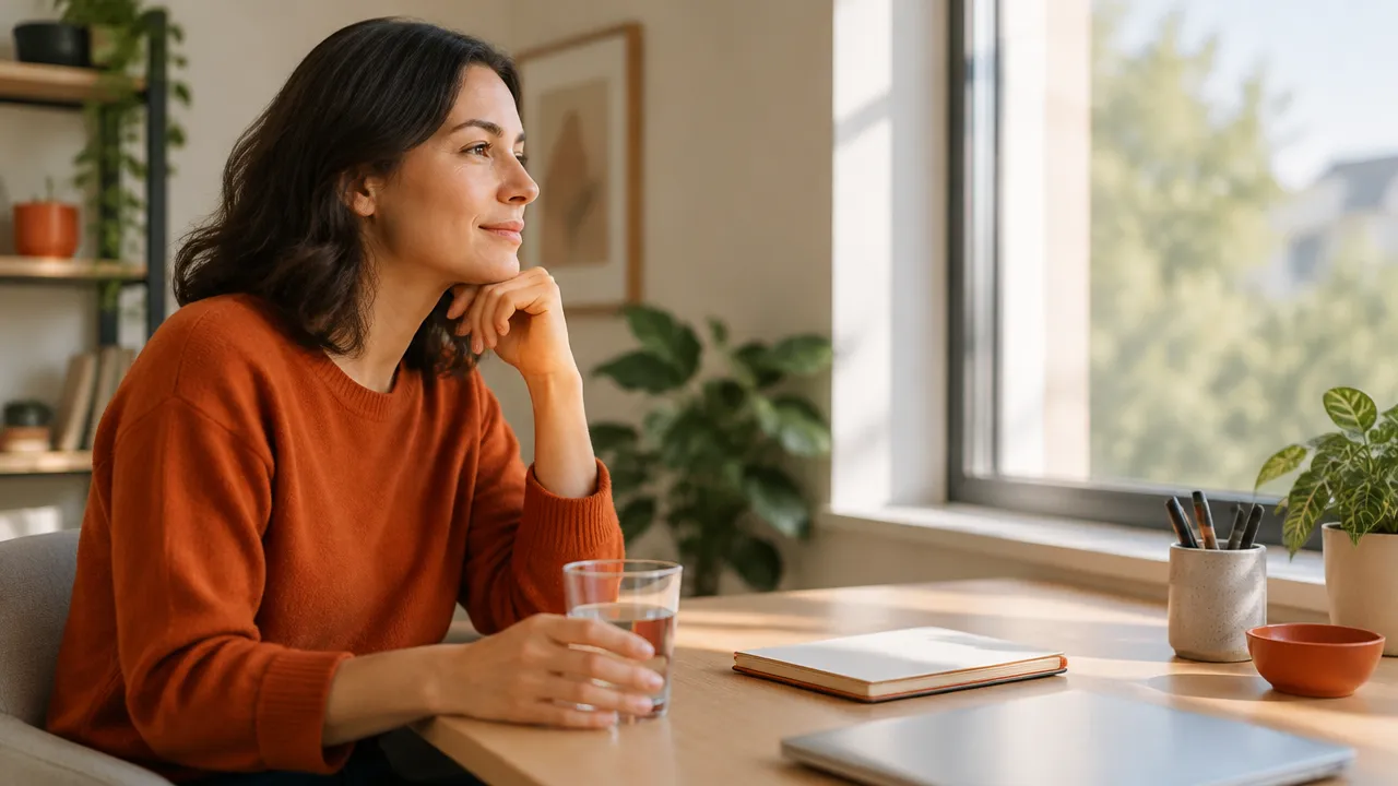 An adult pausing at a bright desk for a mindful check-in on daytime alertness.
