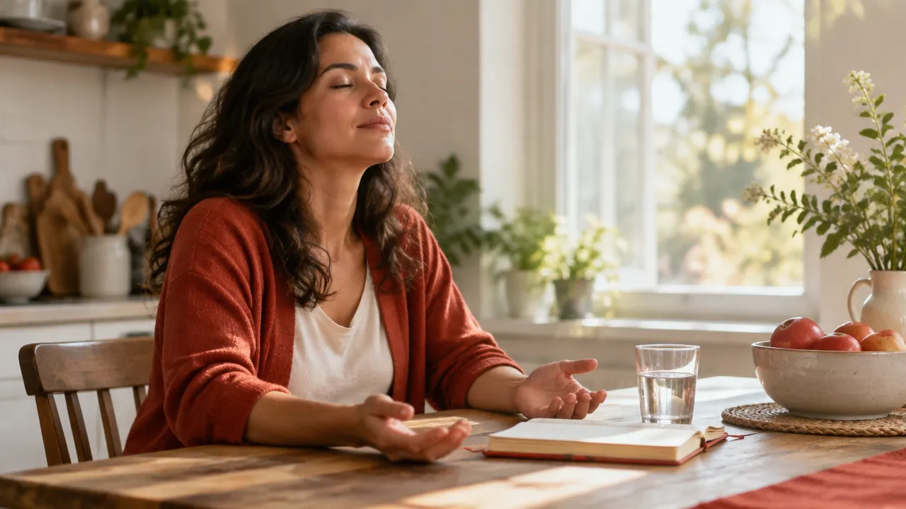 An adult pausing quietly at a kitchen table for a few minutes of prayerful reflection.