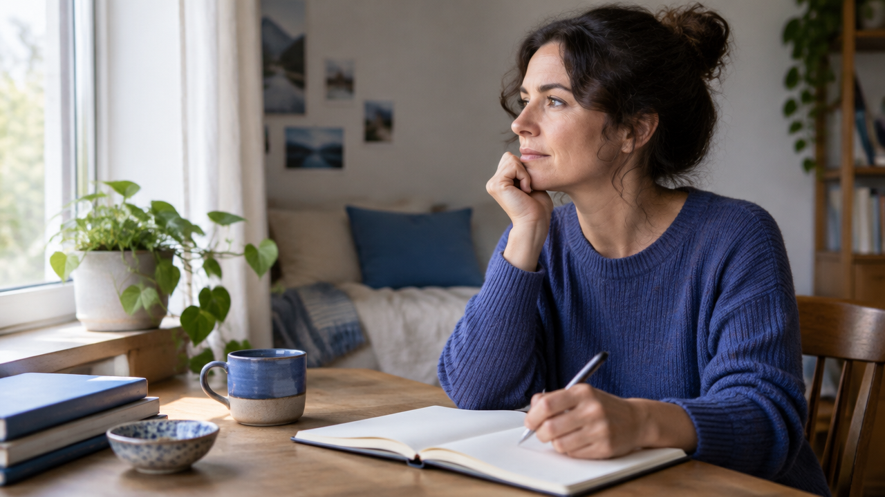 An adult pausing to write in a blank notebook at a quiet, naturally lit home desk