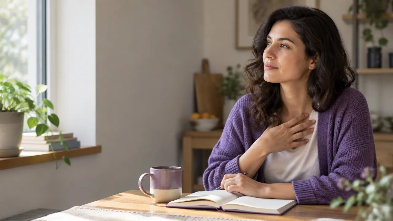 An adult pausing with a journal at a kitchen table to notice a guilt-driven thought