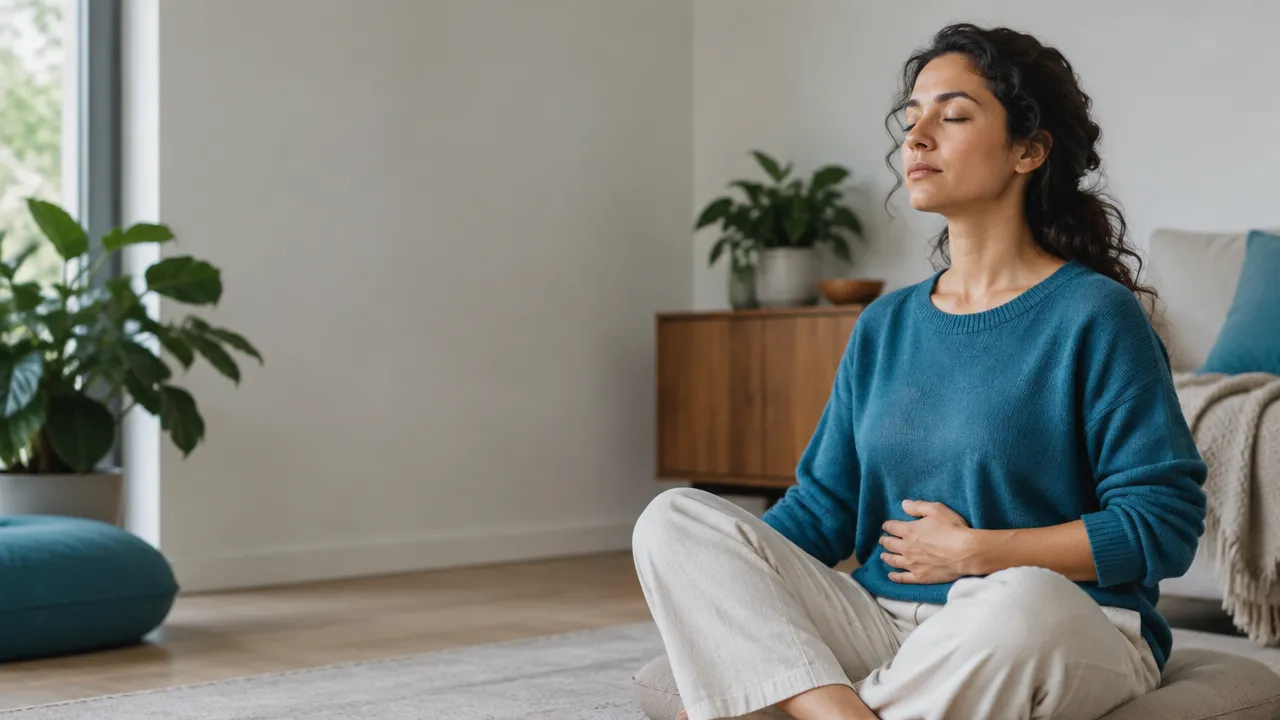 An adult practicing calm, intentional breathing in a softly lit room