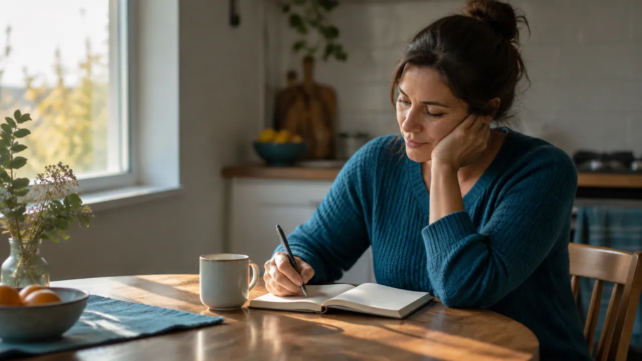 An adult reflects in a notebook at home, considering a meaningful next step.