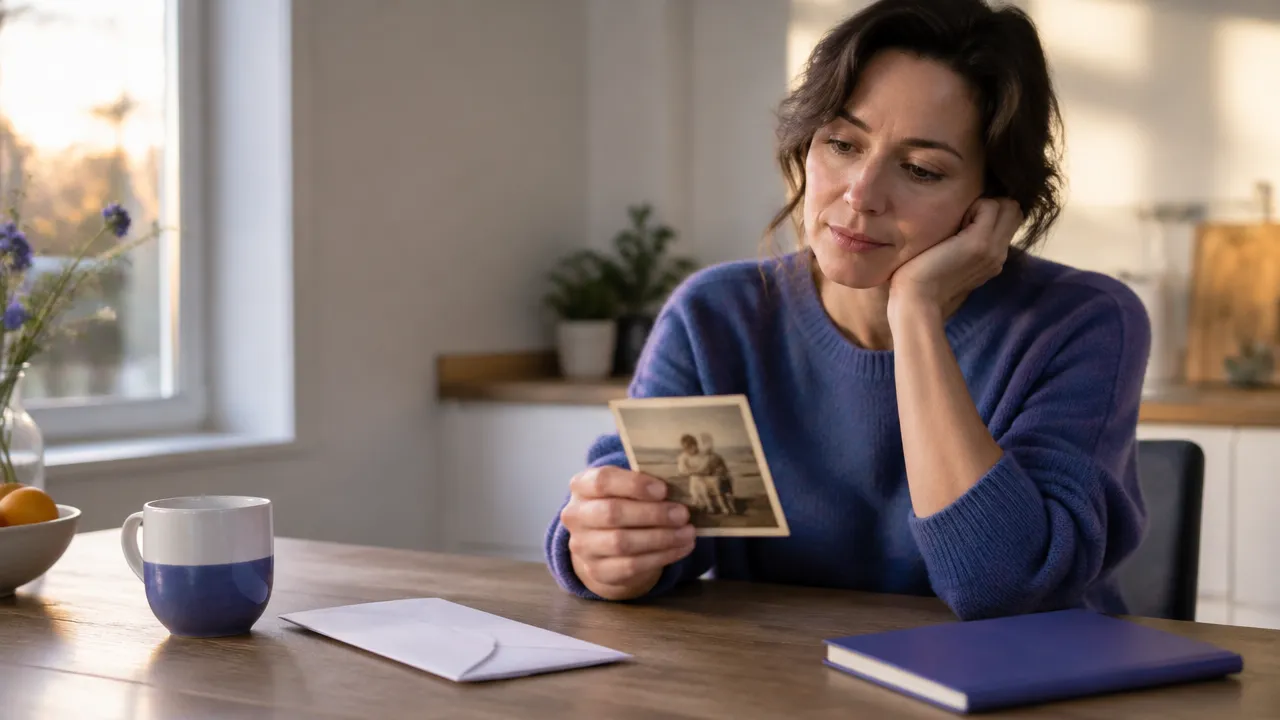 An adult reflects on a childhood photograph beside a planner, weighing a familiar past against a present decision.