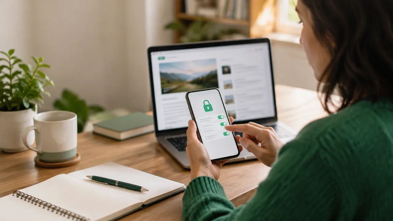 An adult reviews generic privacy settings and online information before sharing data