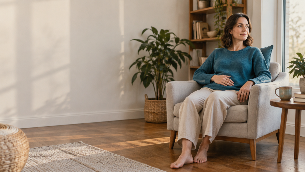 An adult sitting by a window with feet grounded and one hand on the abdomen, practicing a calm pause.
