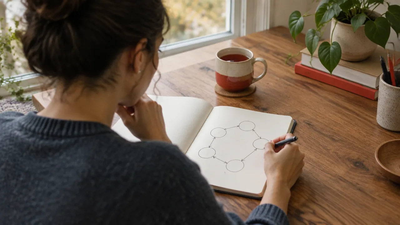 An adult sketches connected daily factors in a notebook to explore patterns and feedback in everyday life.