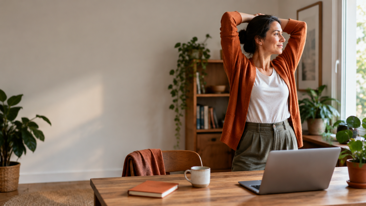 An adult taking a brief stretch break beside a home-office desk