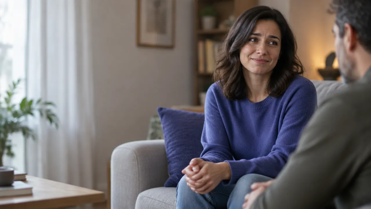 An adult uses a small smile during a tense conversation, suggesting humor may conceal discomfort.