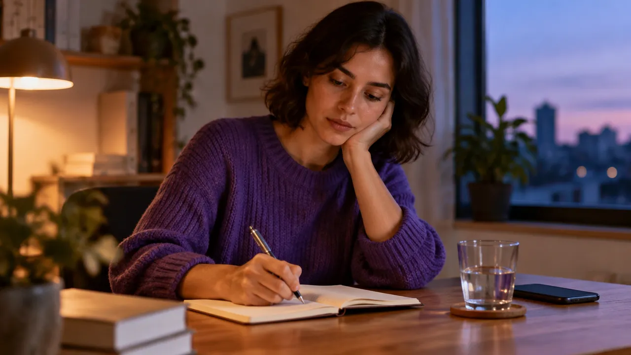 An adult writes a brief evening reflection in a notebook with a phone set aside.