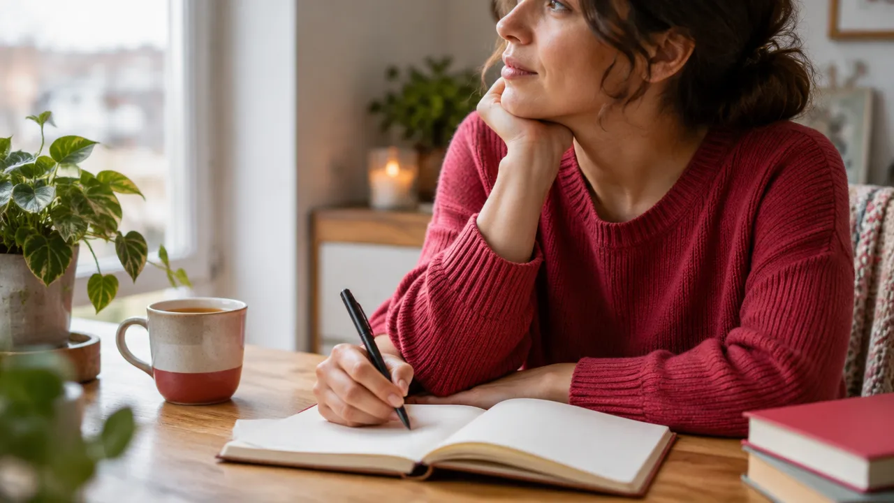 An adult writing a brief reflection in a notebook as a practical well-being exercise.