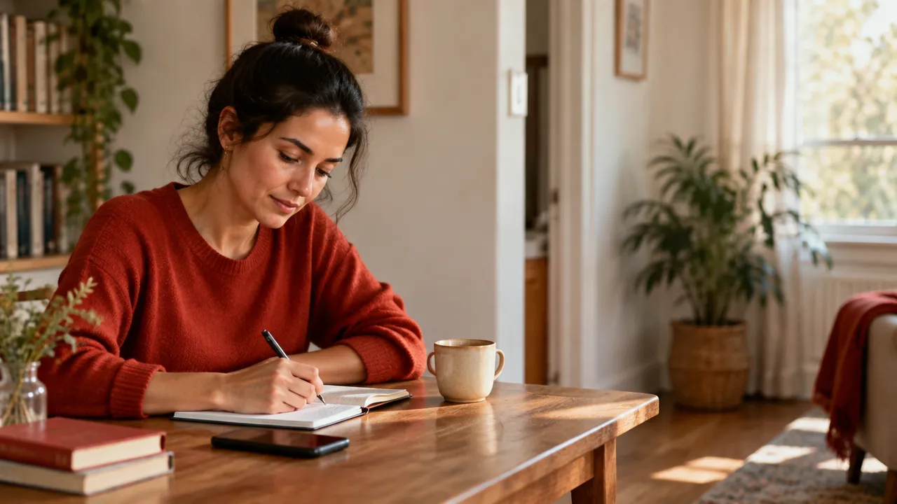 An adult writing a personal commitment at a desk, illustrating self-esteem built through consistent action